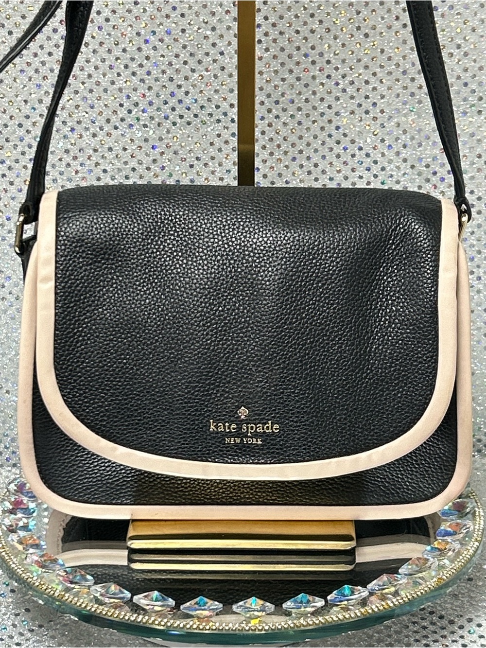 kate spade Black & Cream Pebbled Leather Crossbody Shoulder Bag Approx. 9.5x7x4